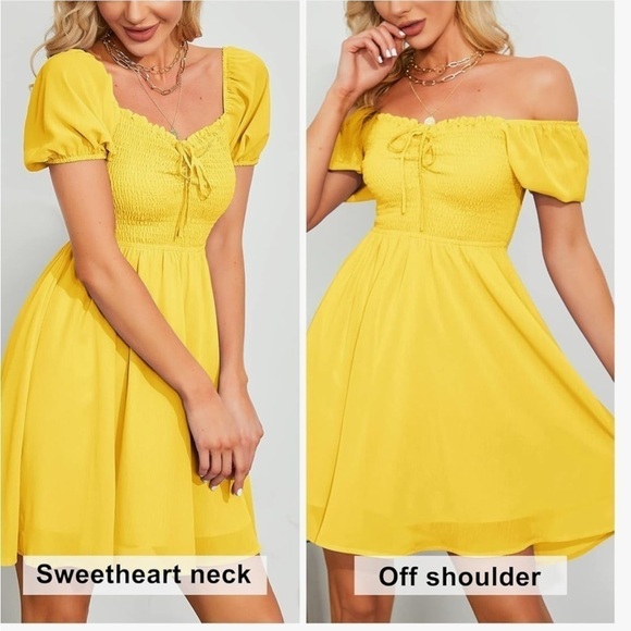 Byinns Sweetheart Neckline Dress Smocked Puff Short Sleeve Dress Size Large - Picture 4 of 17